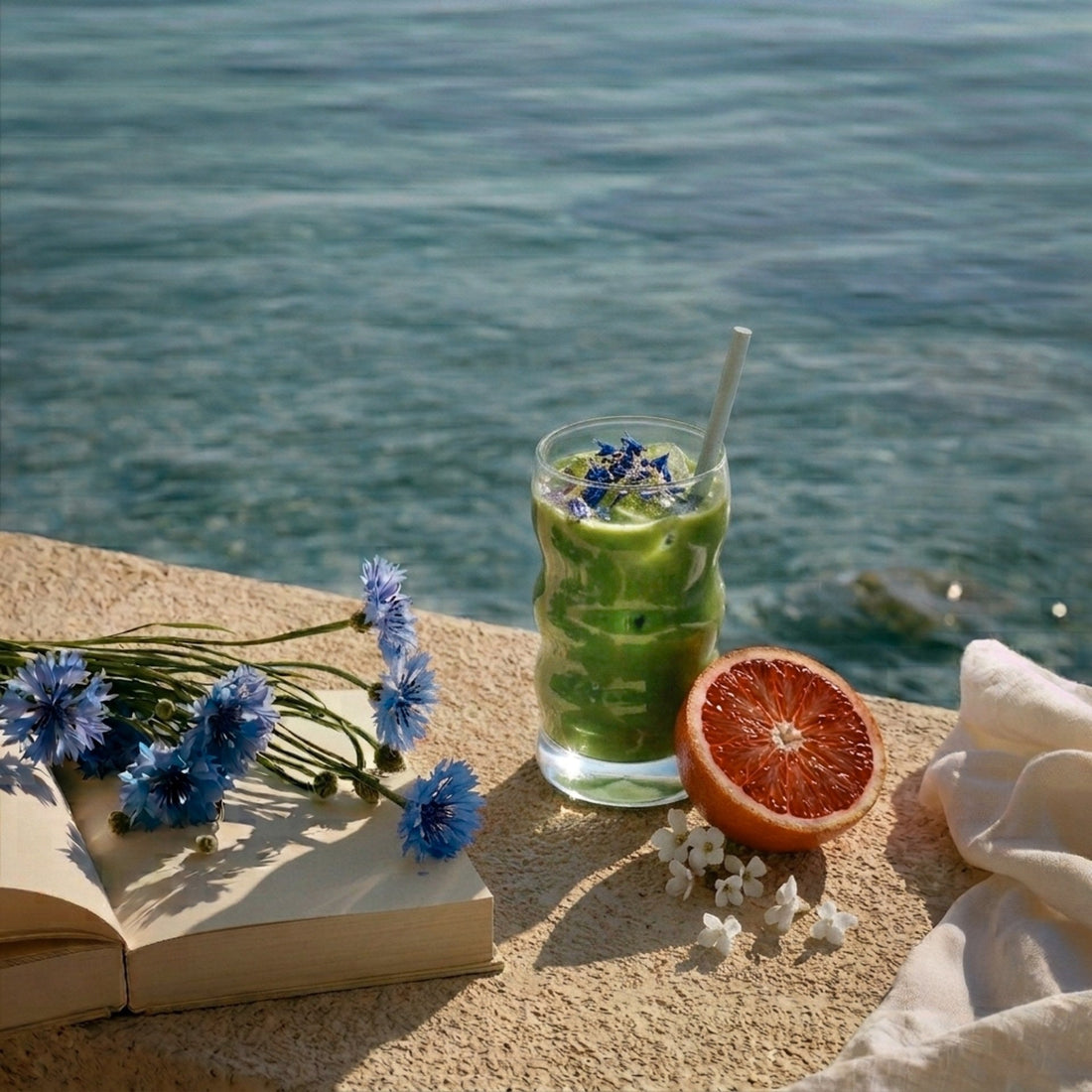 Matcha glacé aux pétales de bleuet et orange sanguine, au bord de la mer
