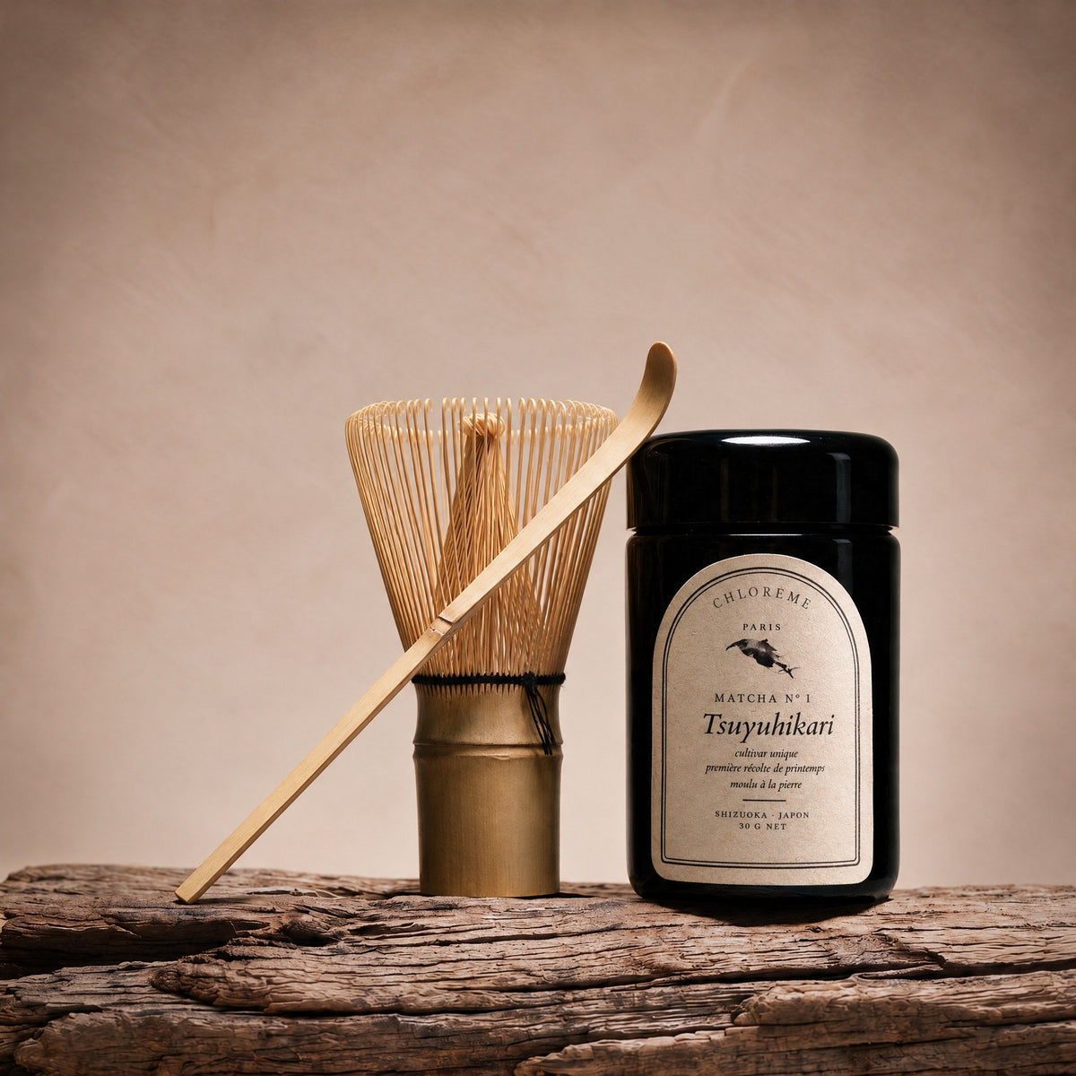 Kit simple CHLORÈME : bocal de matcha Tsuyuhikari, chasen et chashaku en bambou clair