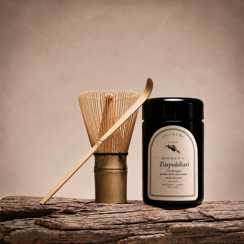 Kit simple CHLORÈME : bocal de matcha Tsuyuhikari, chasen et chashaku en bambou clair